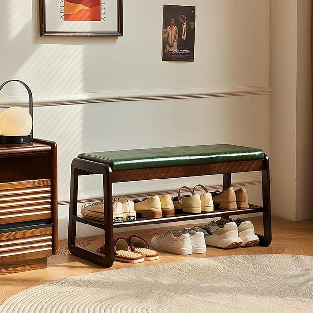 Cttasty Green Shoe Bench, Entryway Bench with Leather Cushion, Solid Wood Shoe Rack, Mid Century Modern Bench, Shoe Storage, Shoe Organizer for Entryway, 31.5 L x 11.8 D x 16.5 H Inches
