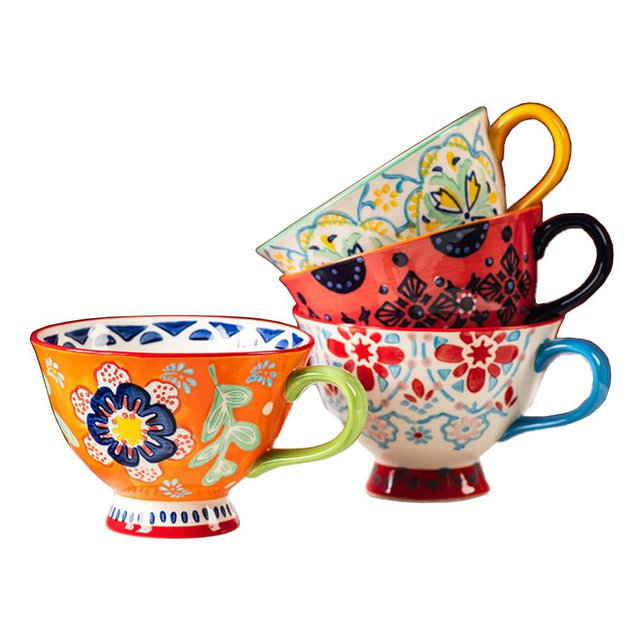Bicuzat Hand-Painted Floral Pattern Large Capacity Ceramic Coffee Mug Jumbo Mug Tea Milk Cereal Mug Breakfast Cup for Home Kitchen 14oz, Set of 4