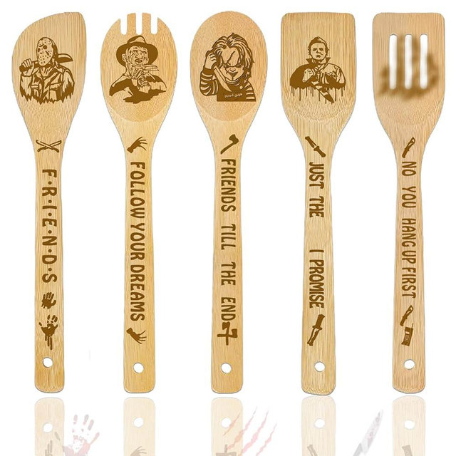 Horror Movie Merchandise Decor Christmas Gifts Wooden Spoons for Cooking, Natural Bamboo Halloween Kitchen Decorations Set 5 Pack for Women Man Birthday Fan Lover Gift Holiday Scary Party Accessory
