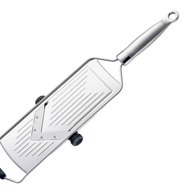 RÖSLE Supercut Slicer, V-Shaped Mandolin Slicer, 18/10 Stainless Steel Kitchen Utensil with 5 Cutting Thicknesses, Silicone Foot and Protective Cover for Vegetables or Fruits - 46cm