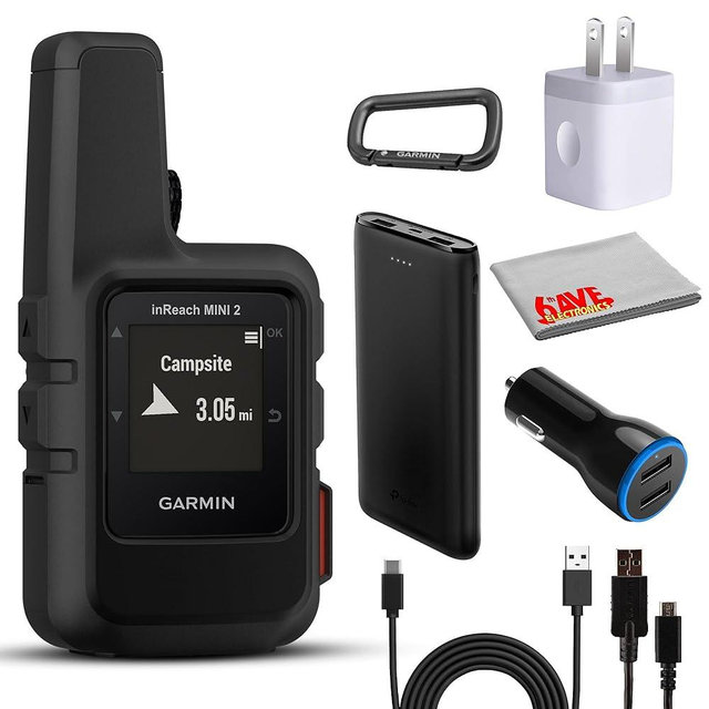 Garmin inReach Mini 2 Satellite Communicator, Lightweight Compact Rugged Design, Portable Handheld GPS for Hiking, Text Messaging Device Bundle with Accessories (Black)