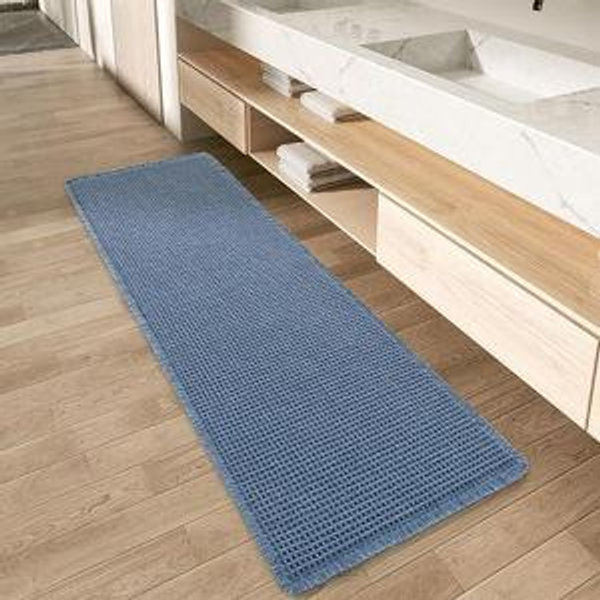 Waffle Runner Rug Super Absorbent Non Slip Bath Mats, 2' x 6', Blue