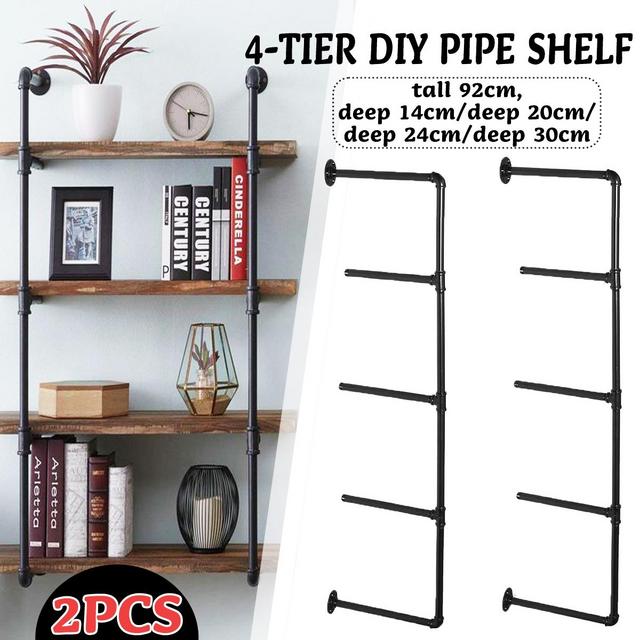 2 Pack 2-3-4-Tier Industrial Wall-Mounted Iron Pipe Bracket Bookshelf Frame, Customizable DIY Shelving, Floating Open Display Storage for Home, Office, Commercial Use