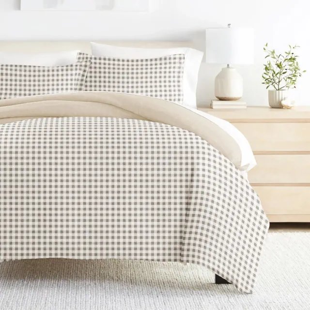 Gingham Check 3PC Duvet Cover Set - Modern Natural Pattern, Zippered Closure, Easy Care - Becky Cameron, Gingham Check Natural, Twin/Twin Extra Long