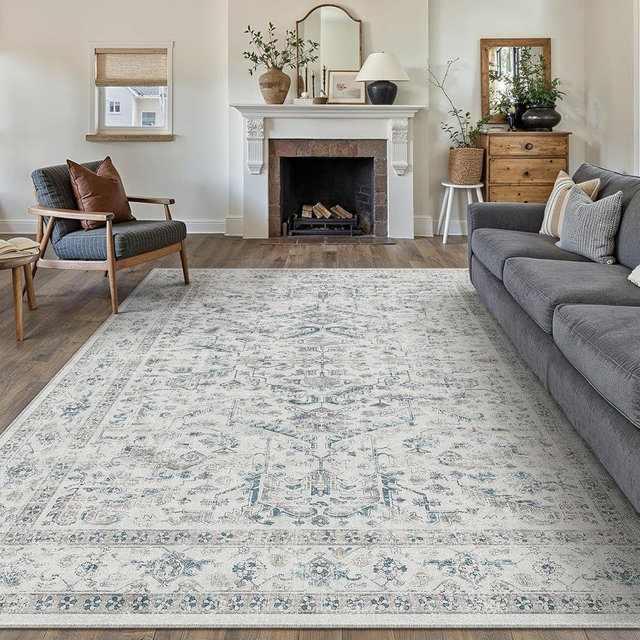 PureCozy Blue 8x10 Area Rug Vintage Washable Living Room Carpet Non Slip Bedroom Indoor Office Low Pile Large Traditional Distressed Retro Accent Rug for Dining Room Bathroom Kitchen