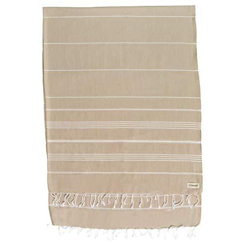 Bersuse 100% Cotton - Anatolia XL Throw Blanket Turkish Towel Pestemal - Bath Beach Fouta Peshtemal - Multipurpose Bed or Couch Throw, Table Cover or Picnic Mat - Striped - 61X82 Inches, Beige