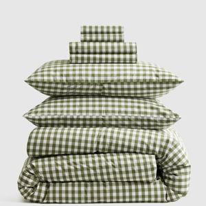 Classic Organic Percale Gingham Deluxe Bedding Bundle - Olive, King