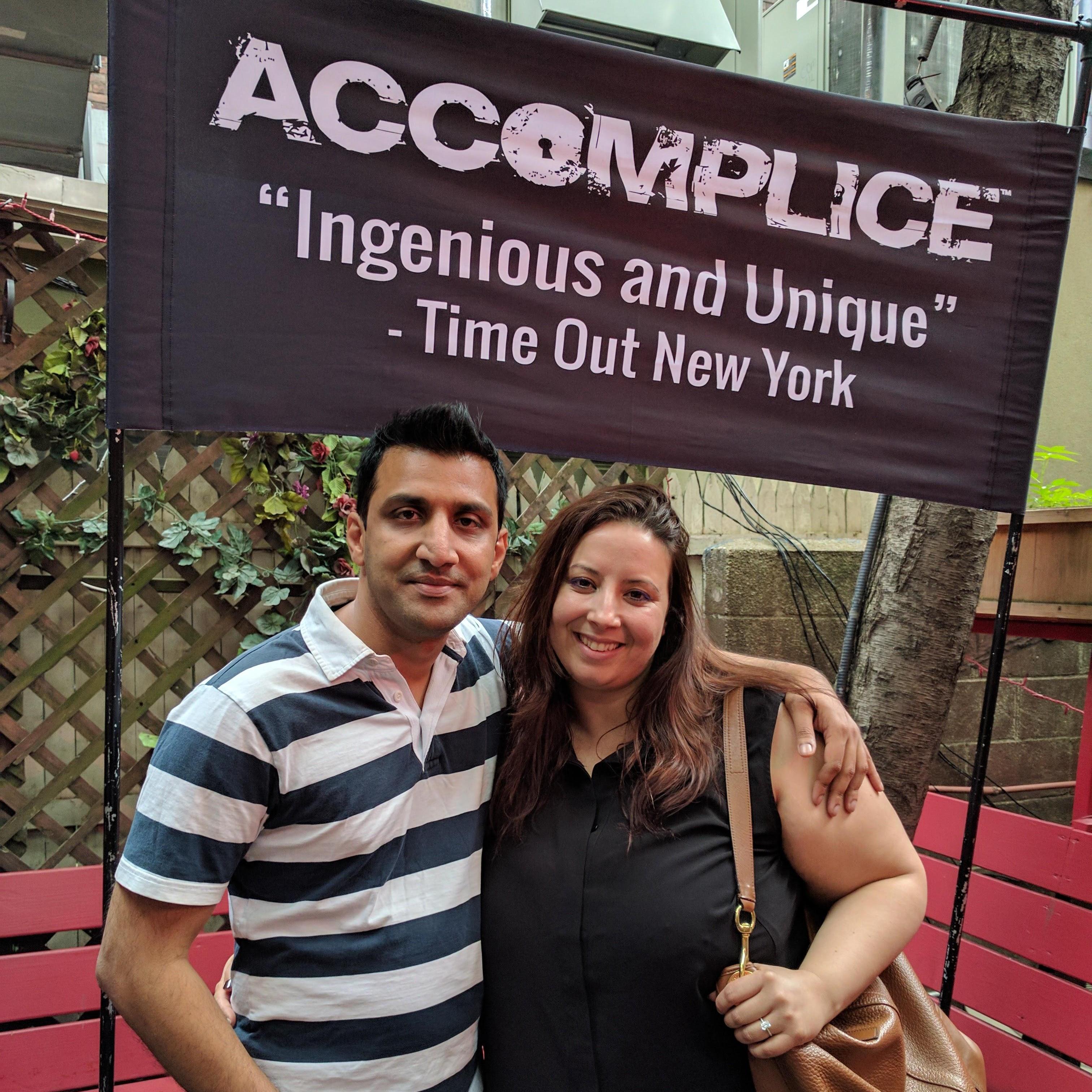 In NYC, the weekend we got engaged! We played Accomplice the next day :)