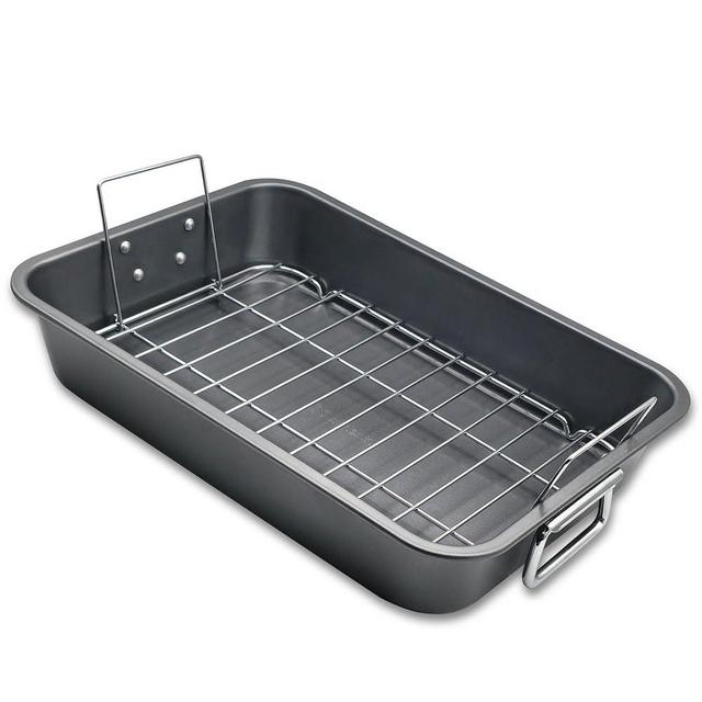 Roasting Pan With Rack 11" x 15" - Non Stick Large Roaster Pan and Flat Rack with Foldable Handles - Roasting Pans for Ovens to Elevate Food for Even Heating - Dishwasher Safe Turkey Roast Pot