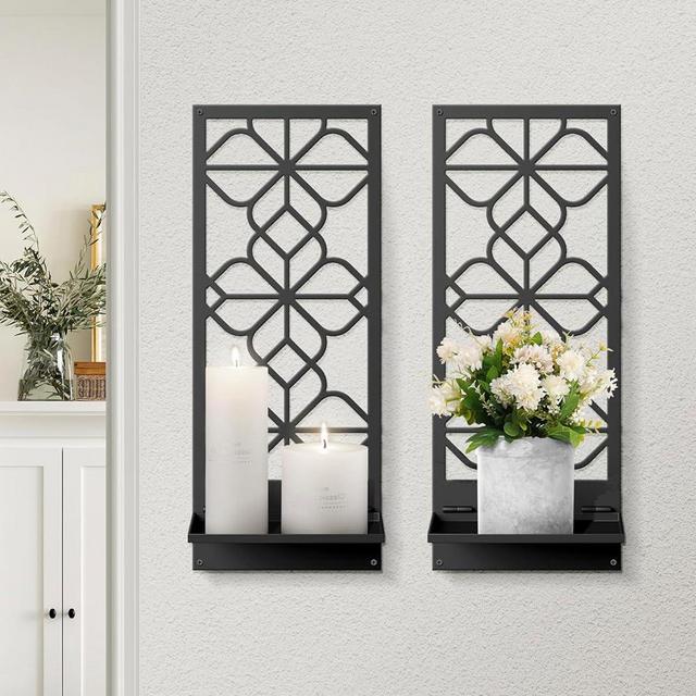 Black Metal Wall Candle Holder Minimalist Retro Line Metal Wall Art Decor Black Rustic Wall Art Decor for Living Room Dining Room Bedroom Bathroom (2 Pack, 16.5 x 7 in)
