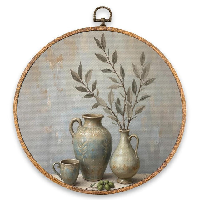 Vintage Vase Wall Art Decor, Vintage Leaf Framed Canvas Prints 10x10 Inch, Cottagecore Minimalist Round Wall Hanging Artwork Decorations for Gallery Kitchen Bedroom Living Room