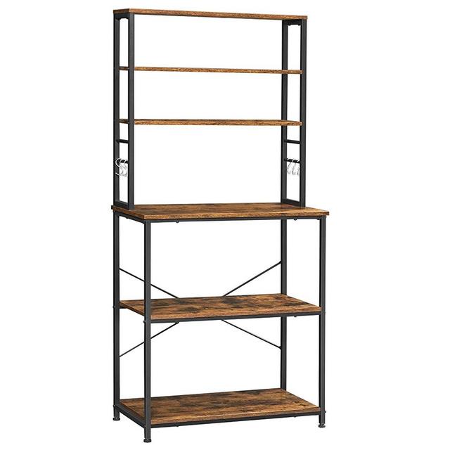 VASAGLE Baker's Rack, Microwave Oven Stand, 6-Tier Kitchen Utility Storage Shelf, 6 Hooks and Metal Frame, Industrial, 31.5 x 15.7 x 65.7 Inches, Rustic Brown and Black UKKS019B01
