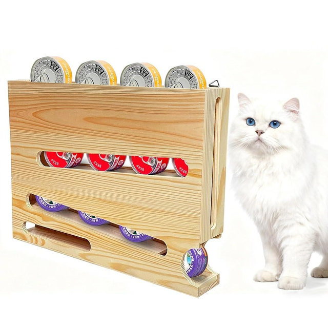 Wood Cat Food Can Organizer, 3-Tier Stackable FIFO Pantry Organizer, Holds 21(3oz) Cans, Upgraded Wall-Mounted Pet Food Can Container for Kitchen Cabinet & Countertop（No Installation Required）