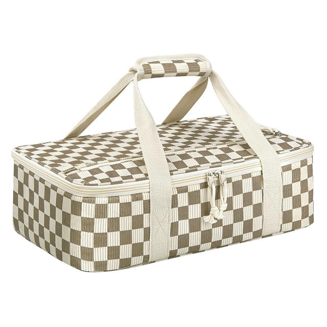 MIAOJIE Corduroy Casserole Carrier, Insulated Lasagna Lugger for Hot/Cold Food, Fits 9" x 13" Baking Dish, Thermal Lunch Tote for Potluck & Picnic - Corduroy Khaki Grid