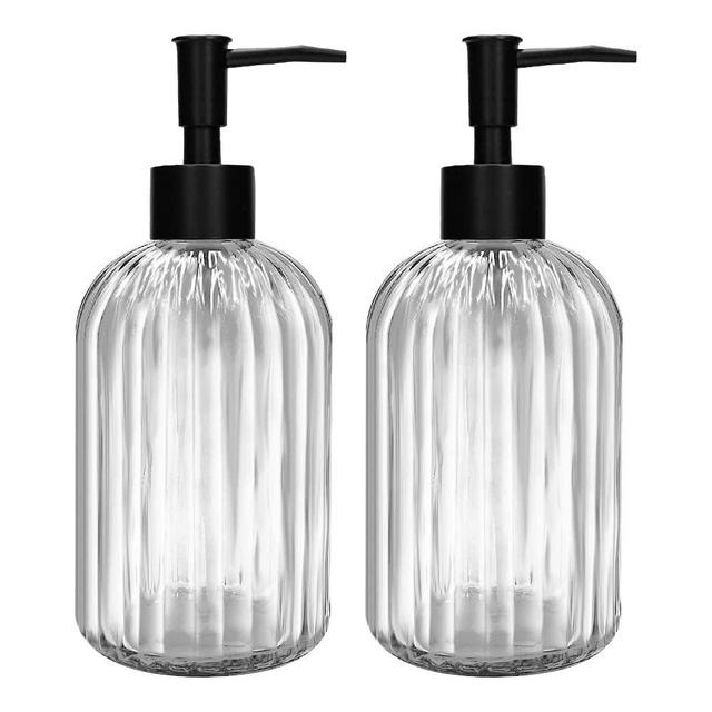 Pack of 2 Glass Soap Dispenser with Black Pump, 400 ml Refillable Pump Dispenser for Kitchen, Bathroom, Laundry Room, Liquid Glass Bottle for Washing Up Liquid, Shampoo, Conditioner (Clear)
