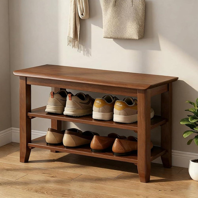 latifolia Shoe Rack Bench, Height Adjustable Solid Wood Shoe Bench, 3-Tiers Shoe Storage Bench for Entryway, Hallway, Walnut, 23.6''