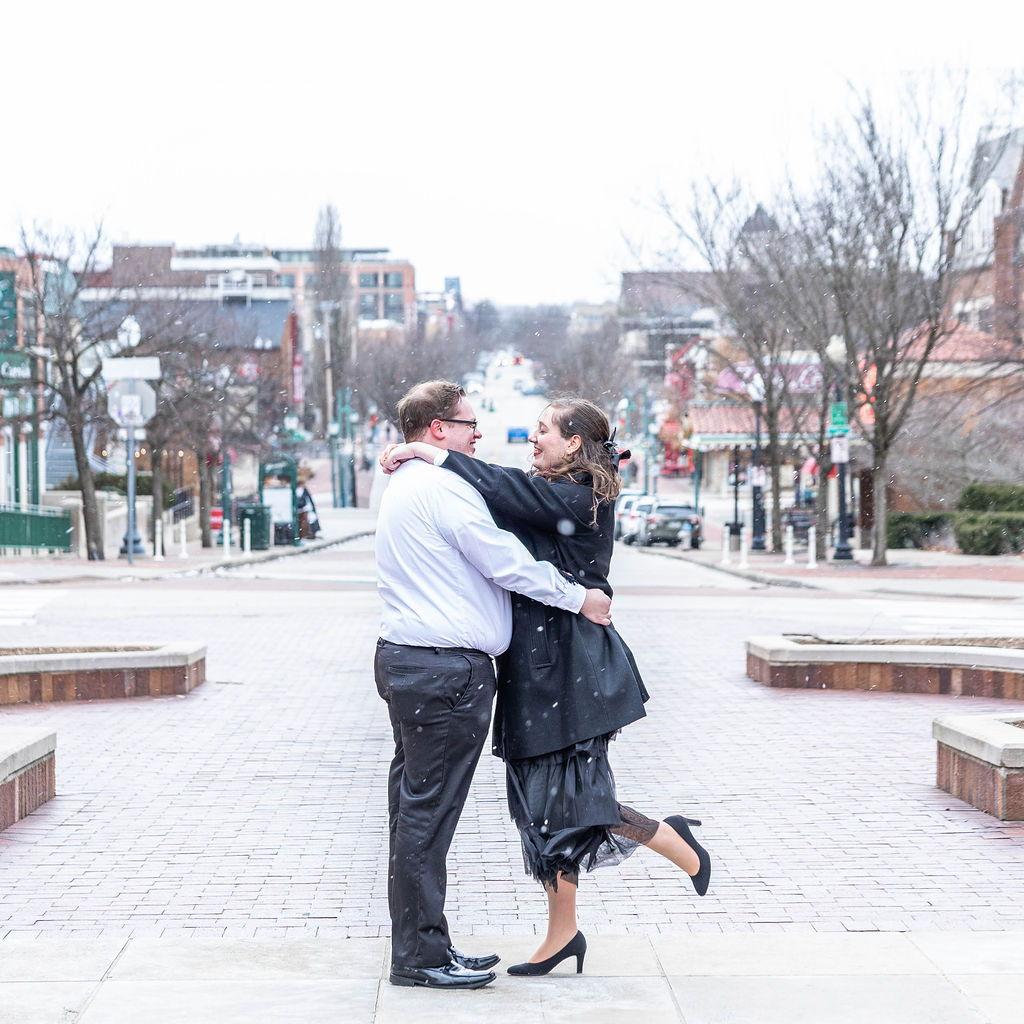 We did our engagement photos in Bloomington, where we met! It was very cold and windy, so shout out to our photographer for braving the weather with us!
Photo credit: Meghan Alyssa Photography