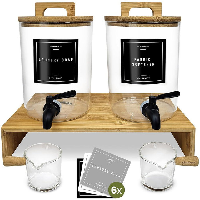Glass Laundry Detergent Dispenser Set with Bamboo Stand – Liquid Soap & Fabric Softener Dispensers, Refillable Glass Jars with Easy-Pour Spigot & Lids, Laundry Room Organization