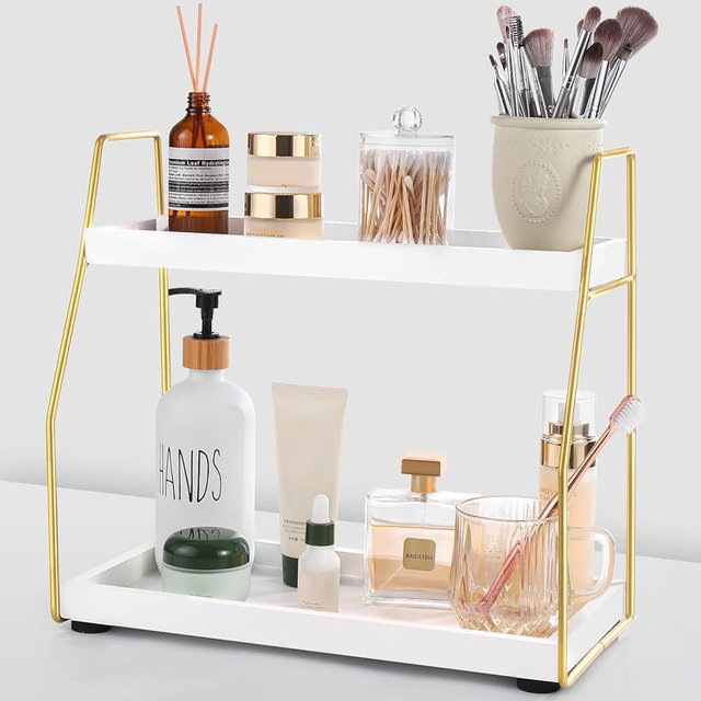 Organizers and Storage,Coffee Bar Accessories,2 Tier Countertop Organizer with Multi-Functional,Ideal for Makeup Organizer,Perfume Organizer,Vanity Organizer,Bathroom Counter Organizer(White/Gold)
