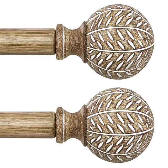 QDWIS 2 Pack Wood Curtain Rods for Windows 28 to 48 Inch,1'' Diameter Drapery Rods with Imitation Wood Grain Leaf Pattern Finials,Boho Adjustable Heavy Duty Curtain Rods Set,18-60'',Weathered Wood