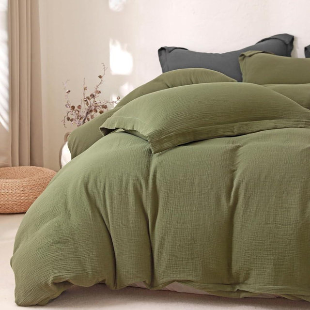 MorroMorn Muslin Duvet Cover King Size, Ultra Soft 100% Cotton Comforter Cover Set, 3 Pieces 2-Layer Gauze Duvet Cover with 2 Pillowcases, Breathable Lightweight Linen Like, 90"x104", Olive Green