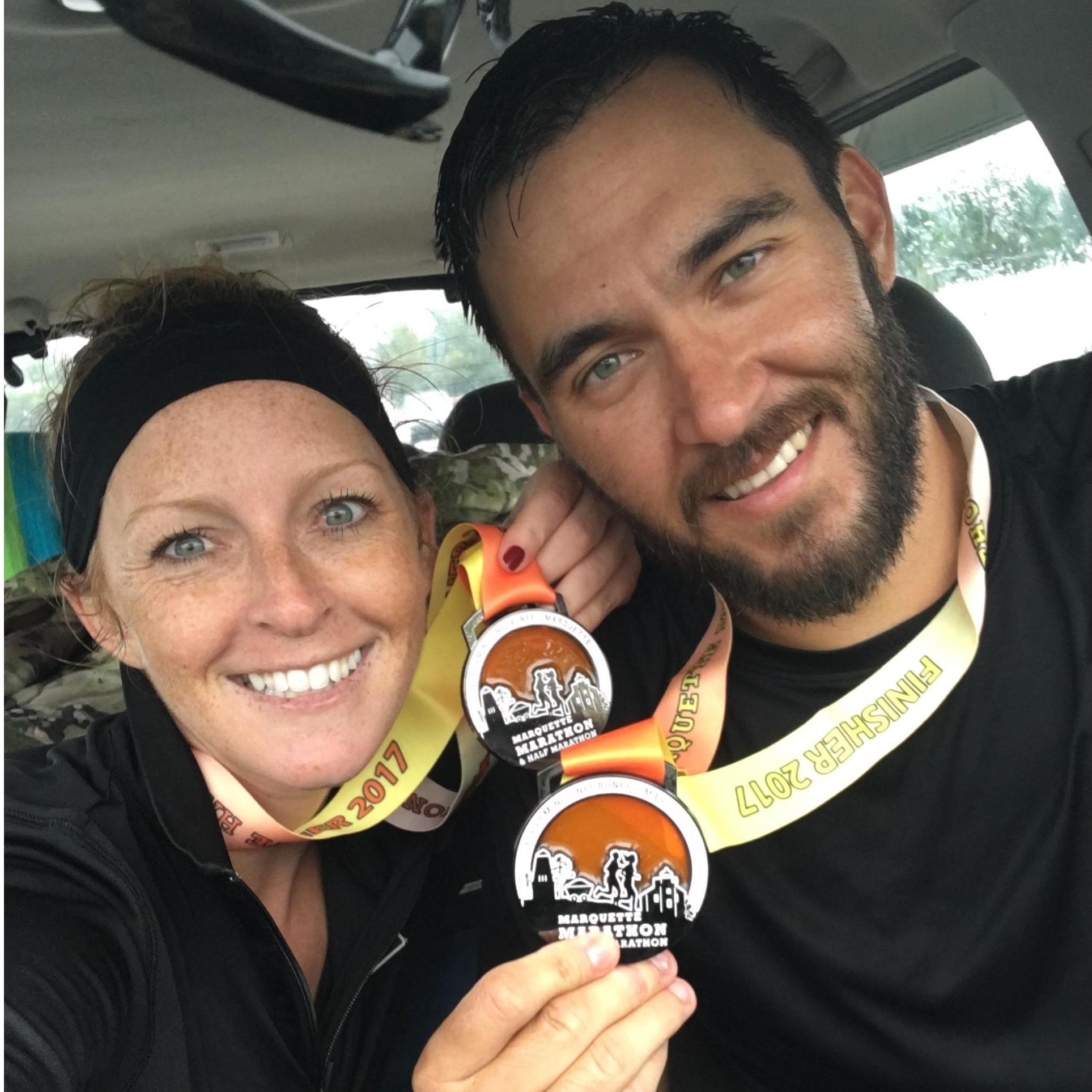 John has run 40+ marathons. Sometimes Katie tags along for a much shorter distance. Many of their runs together have been through rough weather, like this one in the UP of Michigan (2017)