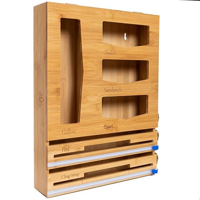 Bamboo Storage Bag Organizer Kitchen Drawer & Walls - 6-in-1 Ziplock Bag Storage Holder Includes Cling Wrap & Aluminum Foil Dispenser With Cutter - Made With Convenient Door-Like Lids & Secure Locks