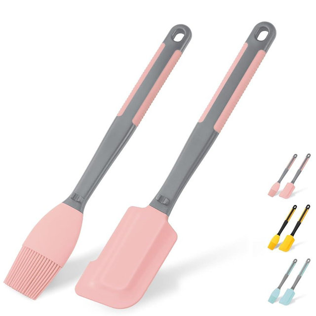 Extra Long Pastry Brush - Silicone Spatula - Basting Brush+Spatula Silicone Heat Resistant,for Baking Scraping Mixing BBQ Grill Kitchen Cooking Spread Oil Butter Sauce (Pink Brush+Spatula)