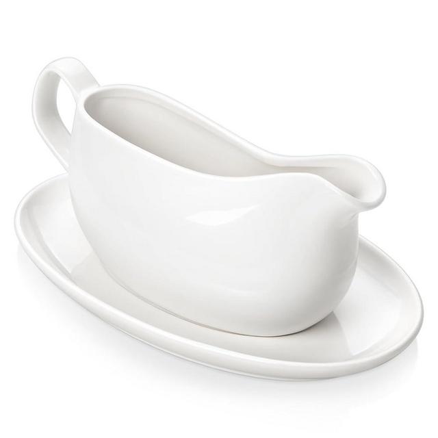 MALACASA 17 oz Gravy Boat with Saucer Stand, Porcelain Sauce Boat with Tray for Salad Dressings, Creamer, Broth, Milk, Ergonomic Handle, Microwave & Dishwasher Safe (White)