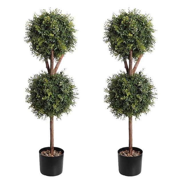 SAMASUTA 39 Inch Boxwood Topiary Artificial Tree Set of 2, UV Resistant Indoor/Outdoor Topiary Fake Tree Decoration for Home Garden & Warehouse, Faux Boxwood Ball Plants