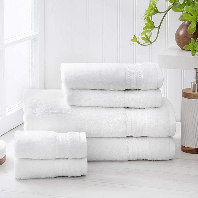 Welhome Premium 100% Egyptian Cotton Towel Set of 6 (White) - Super Absorbent - Soft & Luxurious Bathroom Towels - 600 GSM - Machine Washable : 2 Bath Towels - 2 Hand Towels - 2 Wash Towels