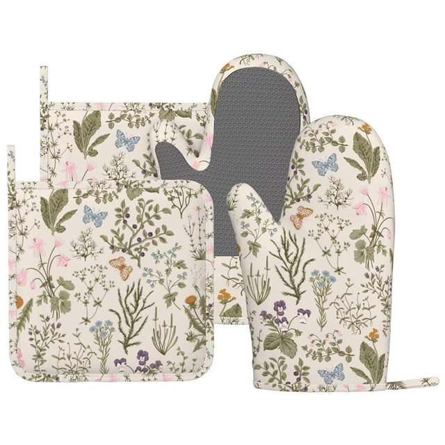 HEROARMOUR Vintage Wildflower Herbs Floral Rustic Butterfly Oven Mitts Pot Holders Set Silicone Kitchen Gloves Potholders Non-Slip Heat Resistant for Chef Baking Cooking Grilling 4 pcs Kitchen Mitts