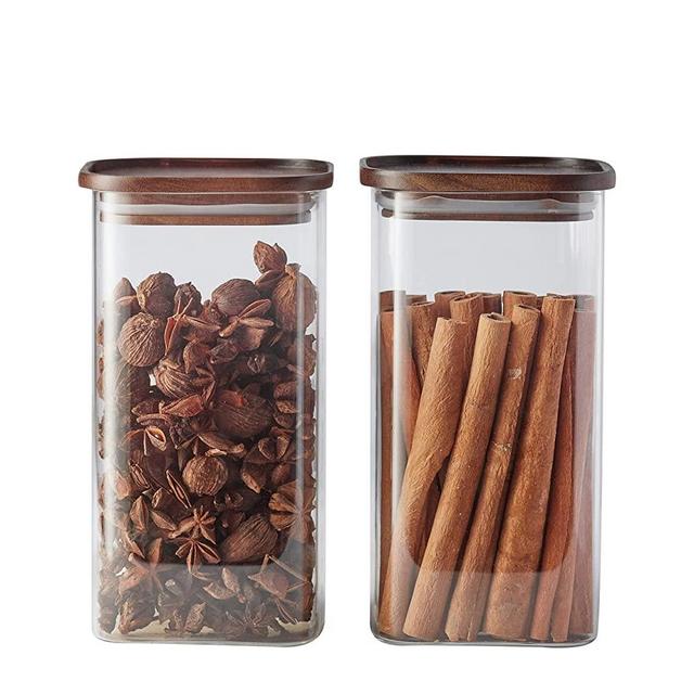 Essos Square Glass Jars with Wood Lids Set of (2) 64 fl oz Airtight and Stackable Storage Containers for Kitchen Pantry BPA Free and Recyclable Canister Wooden Lid for Food Cookies Coffee Pasta Sugar