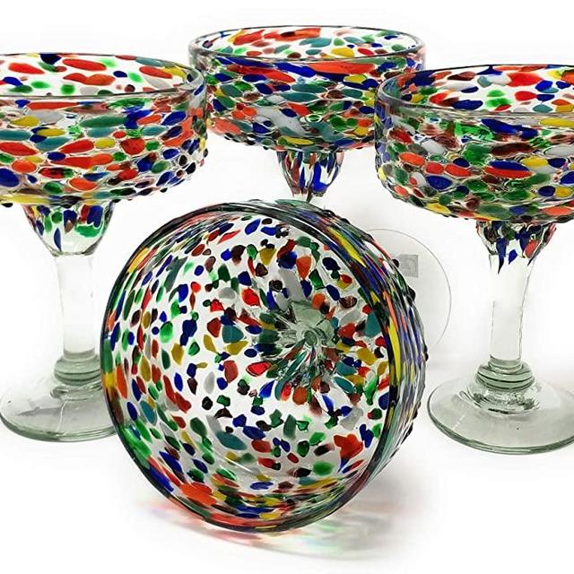 Mexican Hand Blown Glass – Set of 4 Hand Blown Margarita Glasses Confetti Rock (16 oz) …