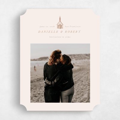Beige Ticket Wedding Save the Date - Rustic Church Photo