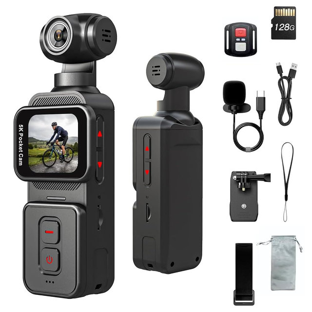 5K Pocket Vlogging Camera Body Camera with Microphone, 5K/20FPS and 4K/60FPS, 1.69'' Touchscreen, 270° Rotating Lens, Face Tracking, Wi-Fi, 6-Axis Stabilization, for YouTube, Travel, Work (128GB)