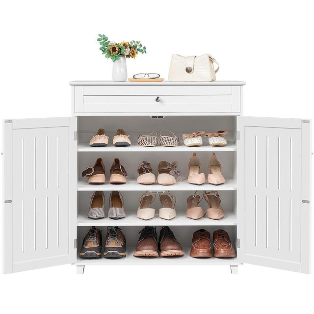 Yaheetech Shoe Cabinet, 4-Tier Shoe Storage Cabinet with Drawer & Adjustable Shelves, Wooden Shoe Rack Organizer with Louvered Doors for Entryway, Hallway, Bedroom, Closet, Living Room, White