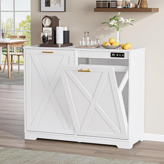BOXACTION Double Tilt Out Trash Can Cabinet, Wooden Farmhouse Kitchen Garbage Bin Enclosure with Negative Ion Odor Control, Hidden Dog Proof Trash or Laundry Basket Storage for Laundry Room, White