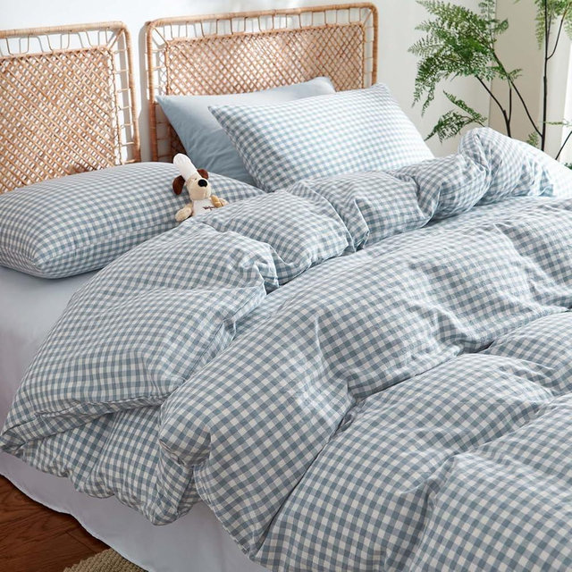 Nayoroom Gingham Duvet Cover King Size 100% Washed Cotton Blue Plaid Checkered Comforter Cover 3 Pcs Soft Breathable Grid Farmhouse Dorm Bedding Set for All Seasons