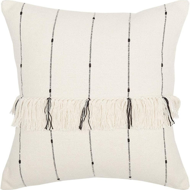 Piper Classics Farmcloth Stripe Pillow Cover w/Fringe, 20" x 20", Urban Rustic Farmhouse Style, Boho Chic, Natural Cream w/Black Stripes