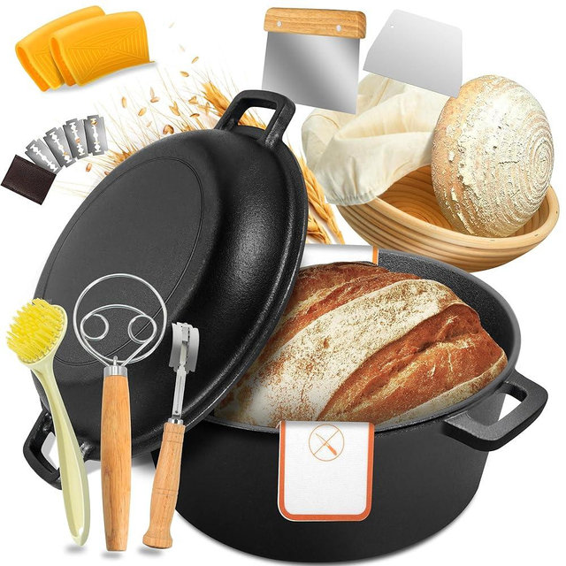 Cast Iron Dutch Oven for Bread Baking, 5 QT Pre-Seasoned Dutch Oven Pot with Skillet Lid, Includes Sourdough Bread Baking Supplies, Cast Iron Pot for Frying, Baking, Braising, BBQ