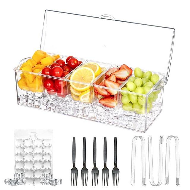 Laojbaba Chilled Condiment Server Clear Icy Condiment Bar Condiment Tray ice Party Serving bar with Lid Bar Garnish Holder on ice 5 Removable Compartments