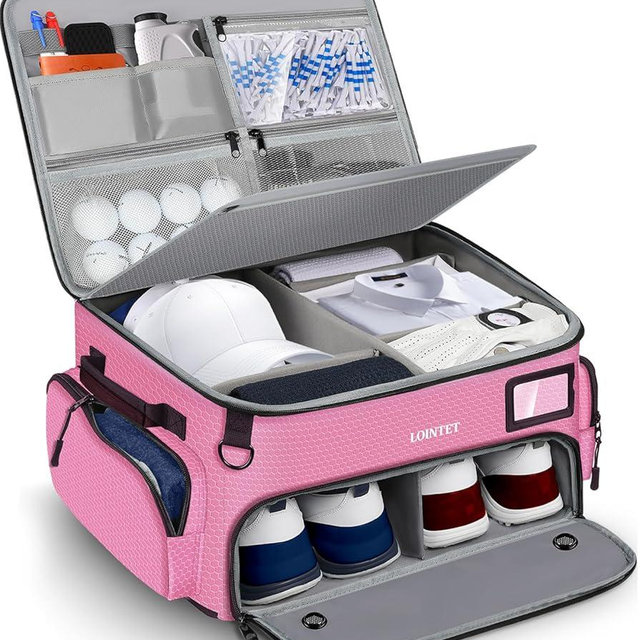 LOINTET Golf Trunk Organizer, Waterproof Car Golf Locker with Separate Ventilated Compartment for 2 Pair Shoes, Golf Storage for Balls, Tees, Cap, Clothes, Gloves, Accessories, Gifts for Men, Women
