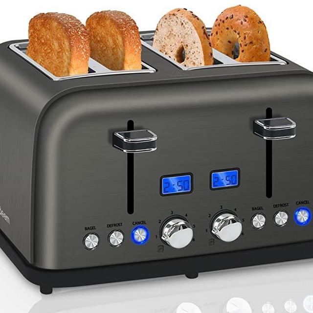 SEEDEEM Toaster 4 Slice, Bread Toaster with LCD Display, 6 Shade Settings Stainless Toaster, 1.5'' Wide Slots, Digital Toaster for Bagel, Defrost, Reheat, Dual Control, Removable Crumb Tray, 1500W, Dark Metallic