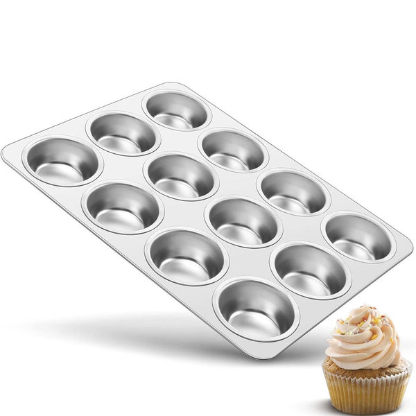TeamFar 12-Cup Muffin Pan, Stainless Steel Muffin Tin Metal Cupcake Baking Pan for Oven, Regular Size & Non Toxic, Easy Clean & Dishwasher Safe