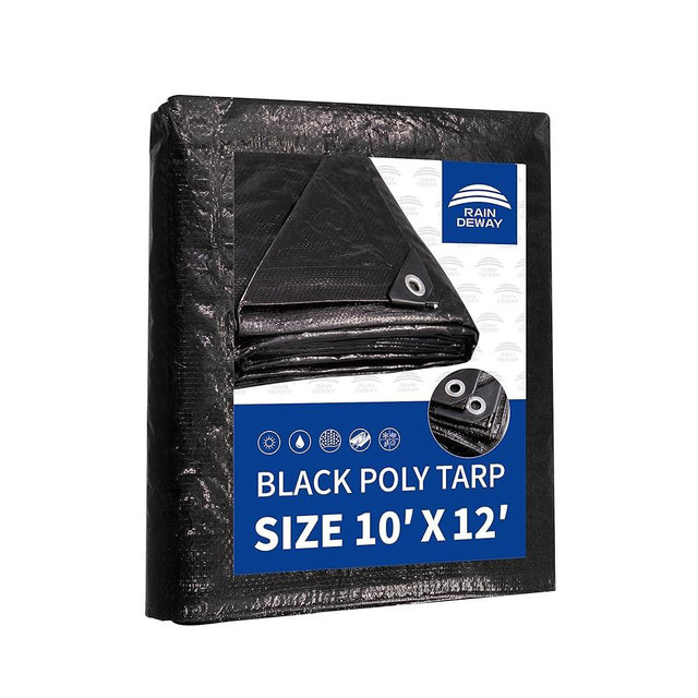 RAINDEWAY Black Tarp 10x12 Feet, UV Resistant, 8 Mil Multipurpose Medium Duty Waterproof Poly Tarp Cover with Metal Grommets and Reinforced Edges