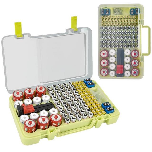 Battery Organizer Storage Case with Tester Checker. Batteries Holder Box Container for 120+ AA AAA 9V C D Lithium CR2025 CR1632 CR2032 Coin Cell Battery with Wall-Mounted Design -Green