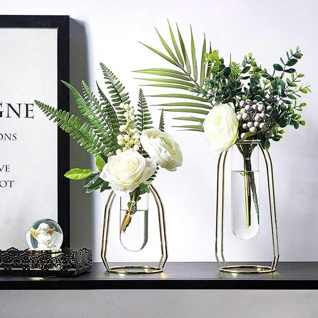 2 Pcs Geometric Vase, Modern Vase with Iron Art Frame, Vases for Centerpieces Wedding Table Office Living Room Decor (Gold, S+L)