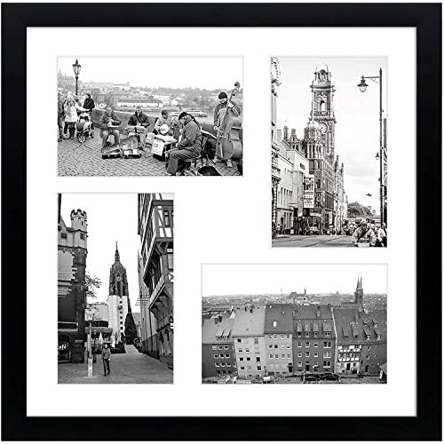 Golden State Art 12x12 Black Wood Frame with White Mat - Displays Four 4x6 Photos - Square Collage Frame - Real Glass, Sawtooth Hanger, Flexible Metal Tabs - Wall Mounting, Landscape, Portrait