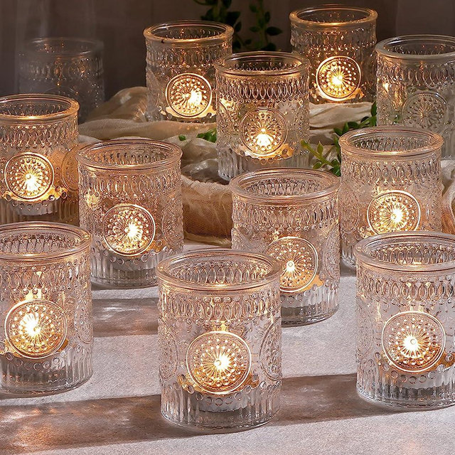 DEVI 24pcs Clear Glass Votive Candle Holders, Vintage Candle Holder for Votives & Tea Lights&Floating Candles, Wedding Decorations for Receptions, Vintage Wedding Party Centerpieces Table Decoration
